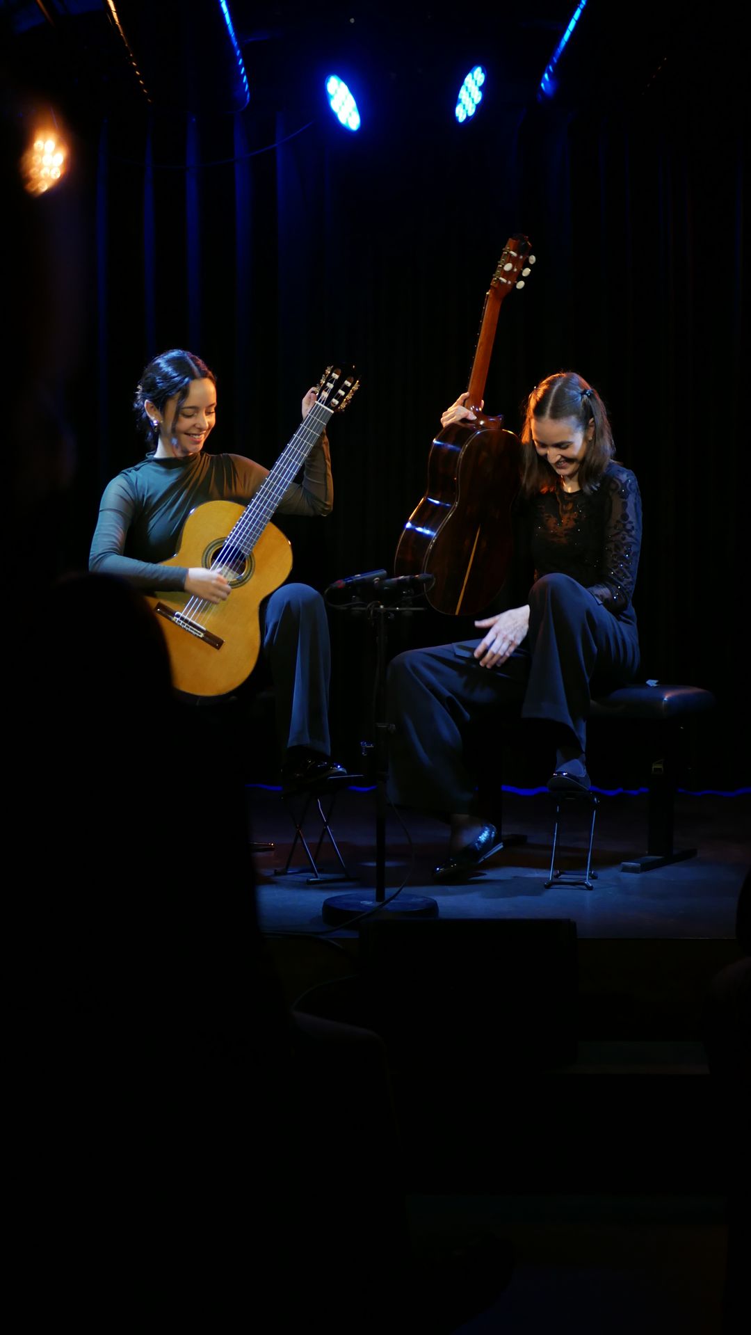 The duo performing on a dimly lit concert stage